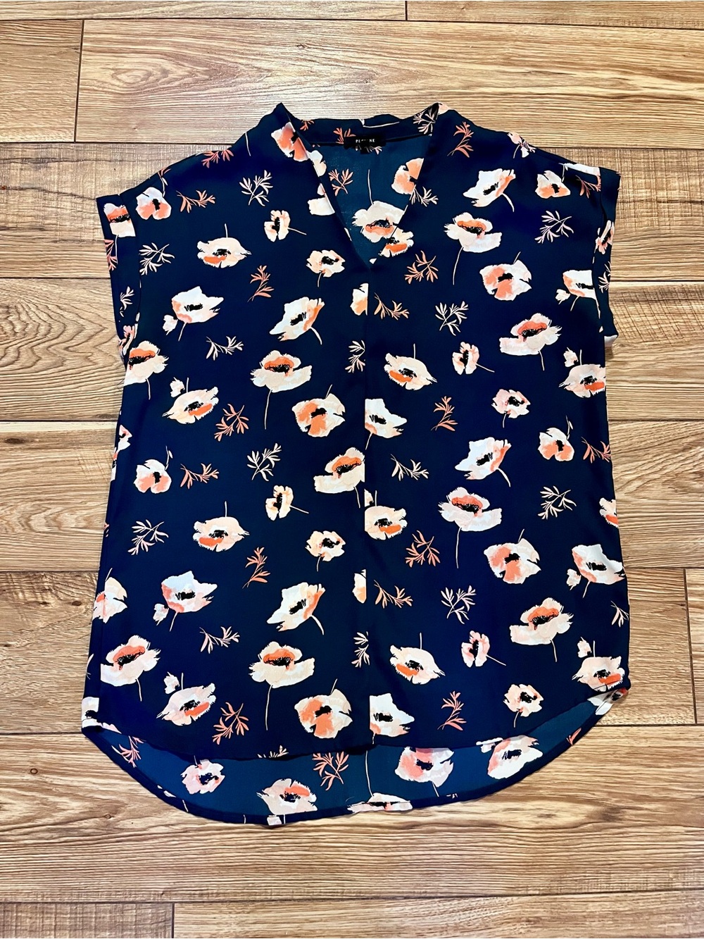 Pleione Navy Floral Cap-Sleeve V-Neck Blouse